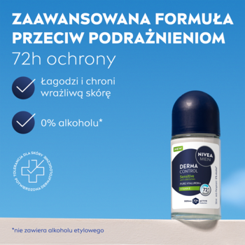 NIVEA MEN Derma Control Sensitive 72h antyperspirant na ciemnoniebieskim tle z opisem kluczowych cech produktu.