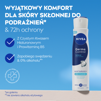 NIVEA Derma Control antyperspirant spray, biała butelka z niebieskim akcentem, z kwasem hialuronowym, widok z przodu.