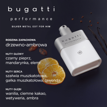 Woda toaletowa Bugatti Performance Silver Metal, srebrno-biała butelka na ciemnym tle z owocami i przyprawami.