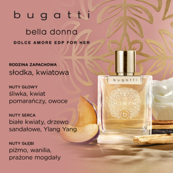 Bugatti Bella Donna Dolce Amore EDP dla niej. Butelka perfum, obok śliwki i białe kwiaty na różowym tle. Słodko-kwiatowy zapach.
