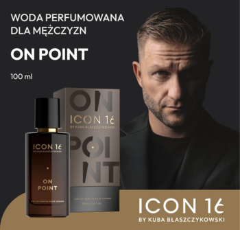 Woda perfumowana On Point ICON 16, ciemna butelka i pudełko z portretem Kuby Błaszczykowskiego na ciemnym tle.