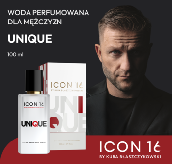 Woda perfumowana męska Unique ICON 16 100 ml: butelka i pudełko na tle Kuby Błaszczykowskiego.