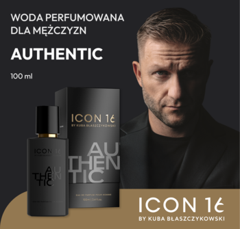 Woda perfumowana Authentic Icon 16 (100ml) dla mężczyzn. Czarny flakon i opakowanie obok mężczyzny na ciemnym tle.