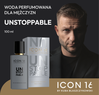 Męska woda perfumowana Unstoppable ICON 16, butelka i opakowanie na tle zdjęcia Kuby Błaszczykowskiego.