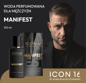 Męska woda perfumowana ICON 16 Manifest 100ml. Ciemna butelka i pudełko na czarnym tle z portretem Kuby Błaszczykowskiego.