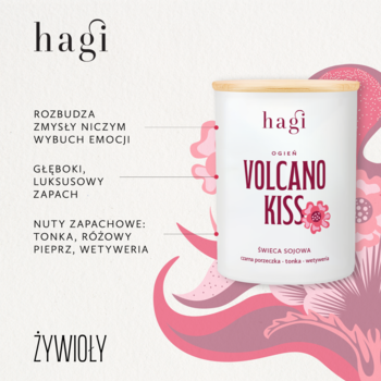 Biała świeca sojowa Hagi Volcano Kiss z drewnianą pokrywką, widok z przodu. Energetyzujący zapach czarnej porzeczki, tonki i wetywerii.