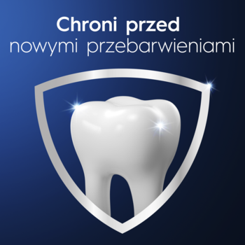 Grafika Oral-B Pro-3D White Clinical: biały ząb w srebrnej tarczy, tekst "Chroni przed przebarwieniami".