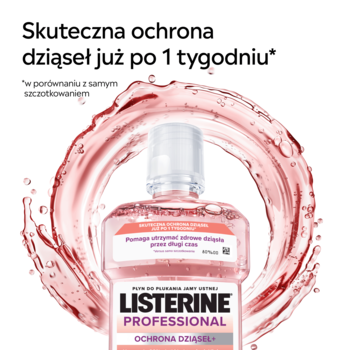 Listerine Professional Ochrona Dziąseł, płyn do płukania ust w różowej butelce, otoczony wirem. Tekst: 'Skuteczna ochrona dziąseł'.