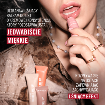Różowy, ultranawilżający balsam do ust nakładany na lśniące wargi, obok trzy tubki produktu. Daje miękkość.