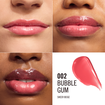 Ultranawilżający balsam do ust 002 Bubble Gum. Swatche produktu na ustach o różnej karnacji z lśniącym efektem i próbka koloru.