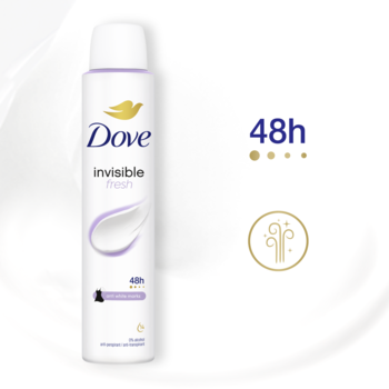 Biały antyperspirant Dove Invisible Fresh 48h w sprayu z fioletowymi detalami, widok z przodu, obok grafika 48h.