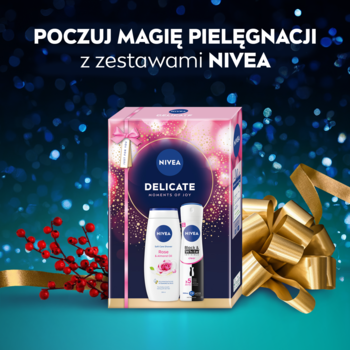 Świąteczny zestaw NIVEA Delicate Rose z żelem pod prysznic i antyperspirantem, na tle iskrzących światełek.