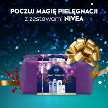 Zestaw prezentowy NIVEA BEAUTY COLLECTION: fioletowa kosmetyczka ze złotą kokardą i pielęgnujące kosmetyki.