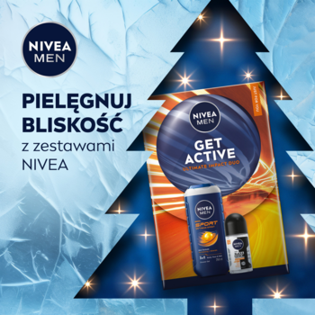 Zestaw NIVEA MEN GET ACTIVE dla aktywnego mężczyzny: żel SPORT, antyperspirant, na niebieskim tle z choinką.
