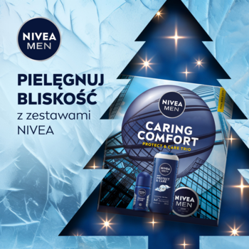 NIVEA MEN Caring Comfort zestaw pielęgnacyjny z żelem 3w1, antyperspirantem i kremem, na tle choinki.