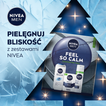 NIVEA MEN FEEL SO CALM zestaw: pianka, balsam, żel dla wrażliwej skóry, widoczne przez świąteczne drzewko.