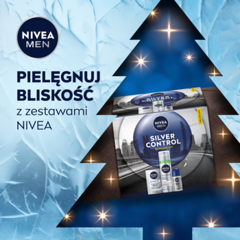 Męski zestaw NIVEA MEN Silver Control z kosmetyczką, ukazany w niebieskiej ramce choinki, napis NIVEA.