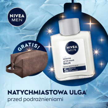 Zestaw NIVEA MEN Sensitive: balsam po goleniu w białej butelce i brązowa kosmetyczka gratis, tło świąteczne.