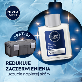 NIVEA MEN balsam po goleniu i szara skrzynka GRATIS na niebieskim, świątecznym tle z tekstem: REDUKUJE ZACZERWIENIENIA.