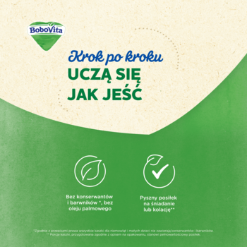 Grafika BoboVita: zielone i beżowe tło, hasło 'Uczą się jak jeść'. Ikony: bez konserwantów i na pyszny posiłek.