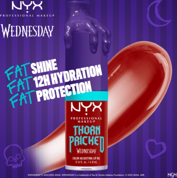 NYX Wednesday Mystery Lip Oil "Thorn Pricked" w fioletowej tubce z kapiącą nakrętką i błyszczący swatch.