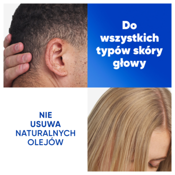Kolaż: Head & Shoulders do różnych typów skóry głowy, włosy jasne i ciemne, tekst "Nie usuwa naturalnych olejów".