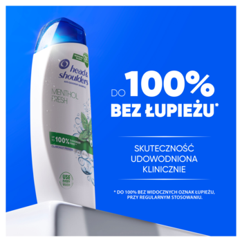 Szampon przeciwłupieżowy Head & Shoulders Menthol Fresh, biała butelka pod kątem, na niebieskim tle z miętą.