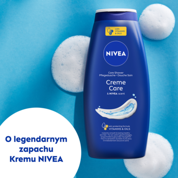 Nivea Creme Care żel pod prysznic, ciemnoniebieska butelka, z pianą na niebieskim tle, o zapachu kremu Nivea.