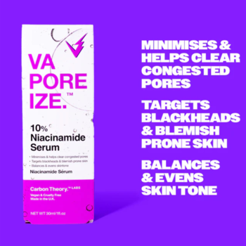 VaPOREize 10% Niacinamide Serum w białym opakowaniu na fioletowym tle, z listą korzyści: oczyszcza pory, redukuje niedoskonałości.