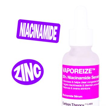 Serum Carbon Theory VaPOREize 20% Niacinamide + Zinc, butelka z zakraplaczem i etykietami składników.