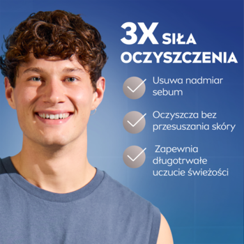 Uśmiechnięty mężczyzna w reklamie NIVEA MEN Hydro Care Żelu do mycia twarzy, z hasłem '3X SIŁA OCZYSZCZANIA' na tle niebieskiego gradientu.