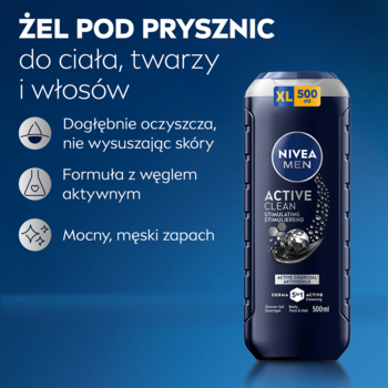 NIVEA MEN Active Clean 3w1 żel pod prysznic, ciemnogranatowa butelka 500ml z aktywnym węglem na niebieskim tle.