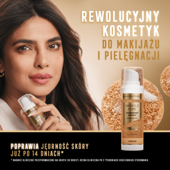 MAX FACTOR Miracle Pure Hydratint Essence 3-light, złota butelka obok modelki, kosmetyk do makijażu i pielęgnacji.