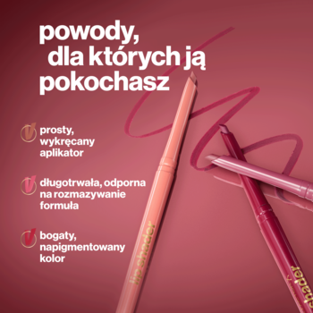 Max Factor 2000 Calorie Lip Shader: dwie automatyczne konturówki do ust (nude, fuksja) pod kątem, z opisem cech.