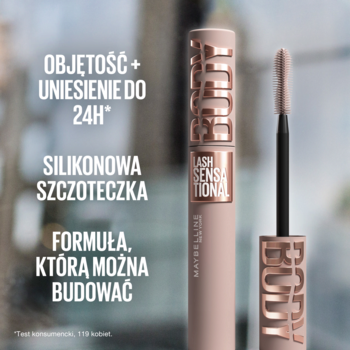 Maybelline Lash Sensational Body Boost mascara, beżowa tubka z różowym złotem, otwarta ze szczoteczką silikonową.