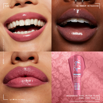 NYX Royal Butter Gloss Angel Food Cake #1 na ustach 3 modeli, obok różowa tubka produktu na wzorzystym tle.