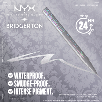 Srebrny eyeliner NYX Bridgerton z kolorowymi drobinkami, widok z boku. Wodoodporny, smudge-proof, intensywny pigment.