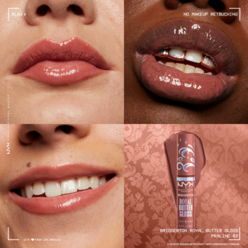 NYX Smudgersh Royal Butter Gloss Praline 02, kolaż z ustami z błyszczykiem i tubką produktu na tle wzorów.