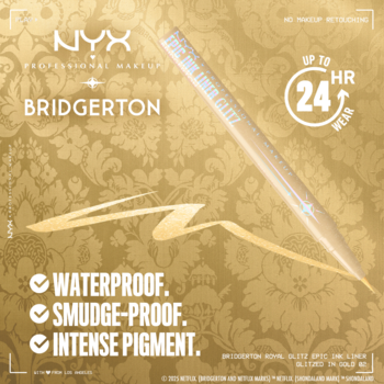 NYX Bridgerton Royal Glee Epic Ink Liner Glitz, złoty wodoodporny eyeliner na ozdobnym tle.