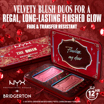 NYX Bridgerton Velvety Blush Duos. Open red compact with ornate gold design, showing two pink blush pans, angled view.