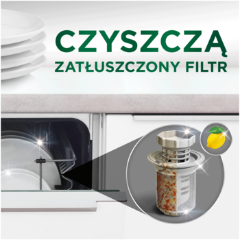 Fairy Platinum All In One kapsułki. Zbiornik filtra zmywarki z resztkami jedzenia. Tekst: CZYŚCZĄ ZATŁUSZCZONY FILTR.