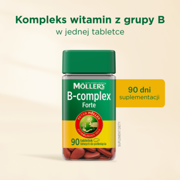 Möller's B-complex Forte suplement diety, 90 tabletek witamin B, butelka z zieloną zakrętką, widok z przodu.