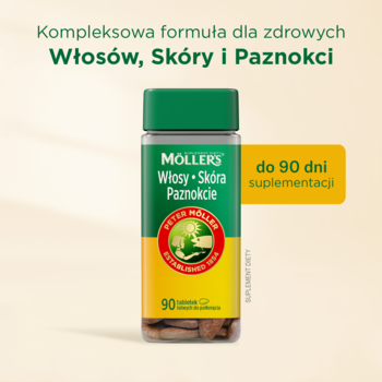 Butelka suplementu Möllers Włosy, Skóra, Paznokcie (90 tabletek) na beżowym tle. Wspiera zdrowe włosy.