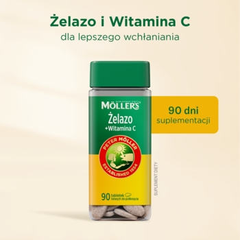 MÖLLERS Żelazo + Witamina C 90 tabl., zielono-żółta butelka na 90 dni dla lepszego wchłaniania, przód.