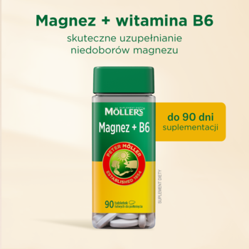 MÖLLERS Magnez + B6, suplement diety, zielona butelka, 90 tabletek, wspiera układ nerwowy, widok z przodu.