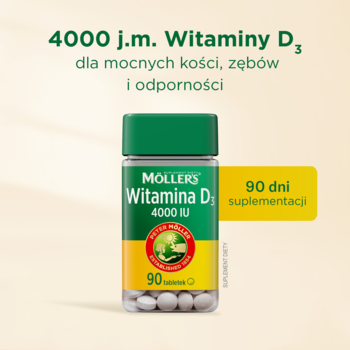 Möller's Witamina D3 4000 IU, 90 białych tabletek w butelce z zieloną zakrętką, widok z przodu.