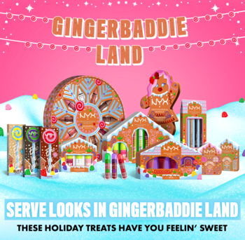 NYX Gingerbaddie Land: świąteczna kolekcja makijażu. Produkty w kształcie piernikowych domków i lollipopsów, różowe tło.