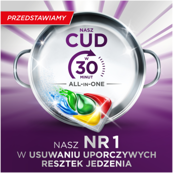 Fairy Platinum Plus Cytryna All in One, kapsułki do zmywarki w błyszczącym garnku, '30 minut cud', fioletowe tło.