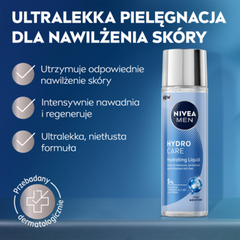 NIVEA MEN Hydro Care płyn nawilżający, biała butelka z niebieską etykietą, widok przód, obok tekst o nawilżeniu.