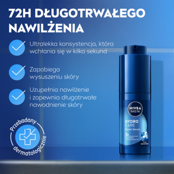 Serum NIVEA MEN Hydro Care w niebieskiej butelce z pompką, 72H nawilżenia. Na tle hasła o ultralekkiej formule.
